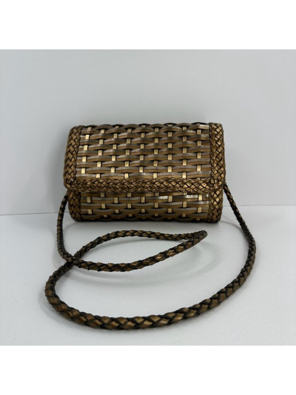 LJS Collection Mini Crossbody Bag Womens Braided Basketweave Leather Gold Bronze
